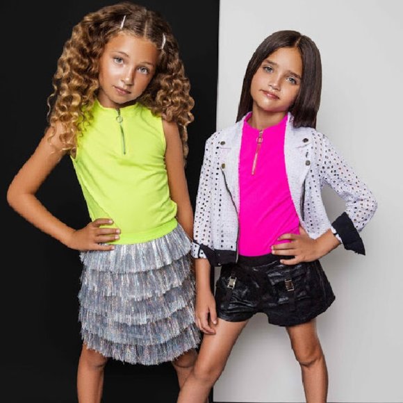 sz M(10) NEW Girls Mia New York 2pc Neon Tank & Silver Fringe Skirt Set - Picture 2 of 2